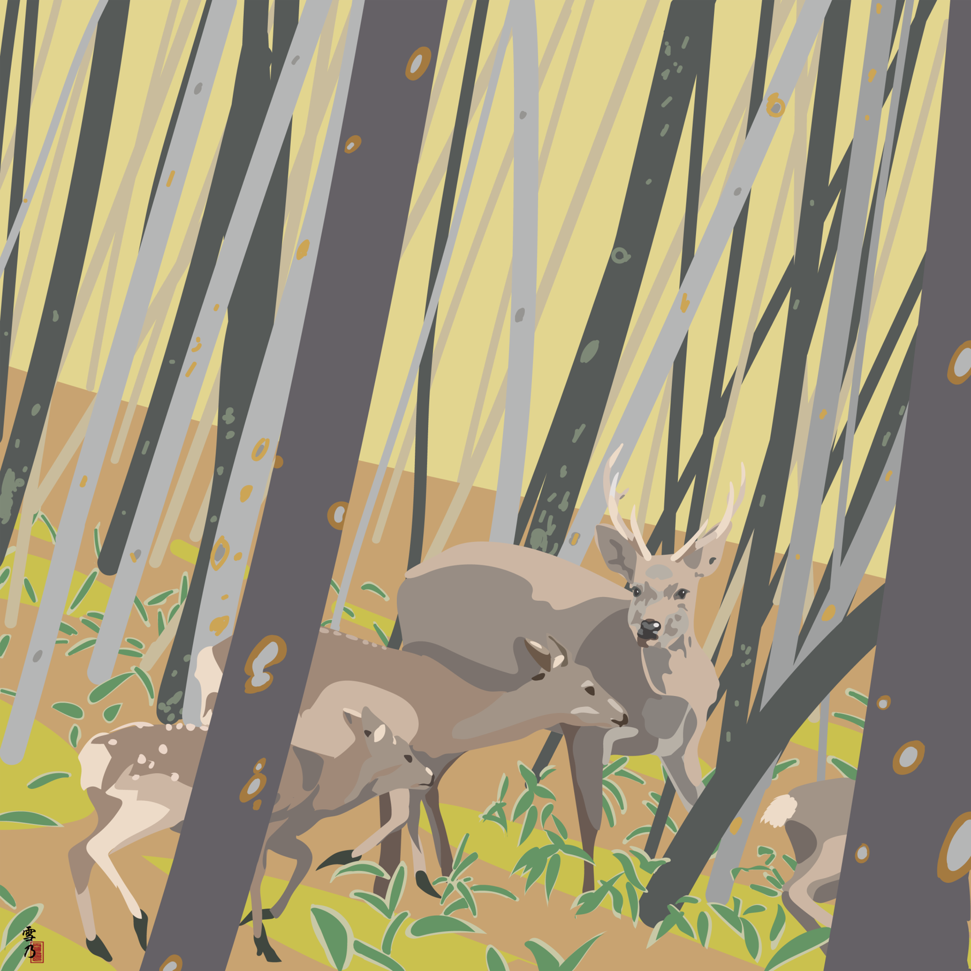 大村雪乃 yukino-art Ezo deer in alder　ハンノキのエゾシカ Cutting sheet,acrylic on Panel h1000mm x w1000mm 2024